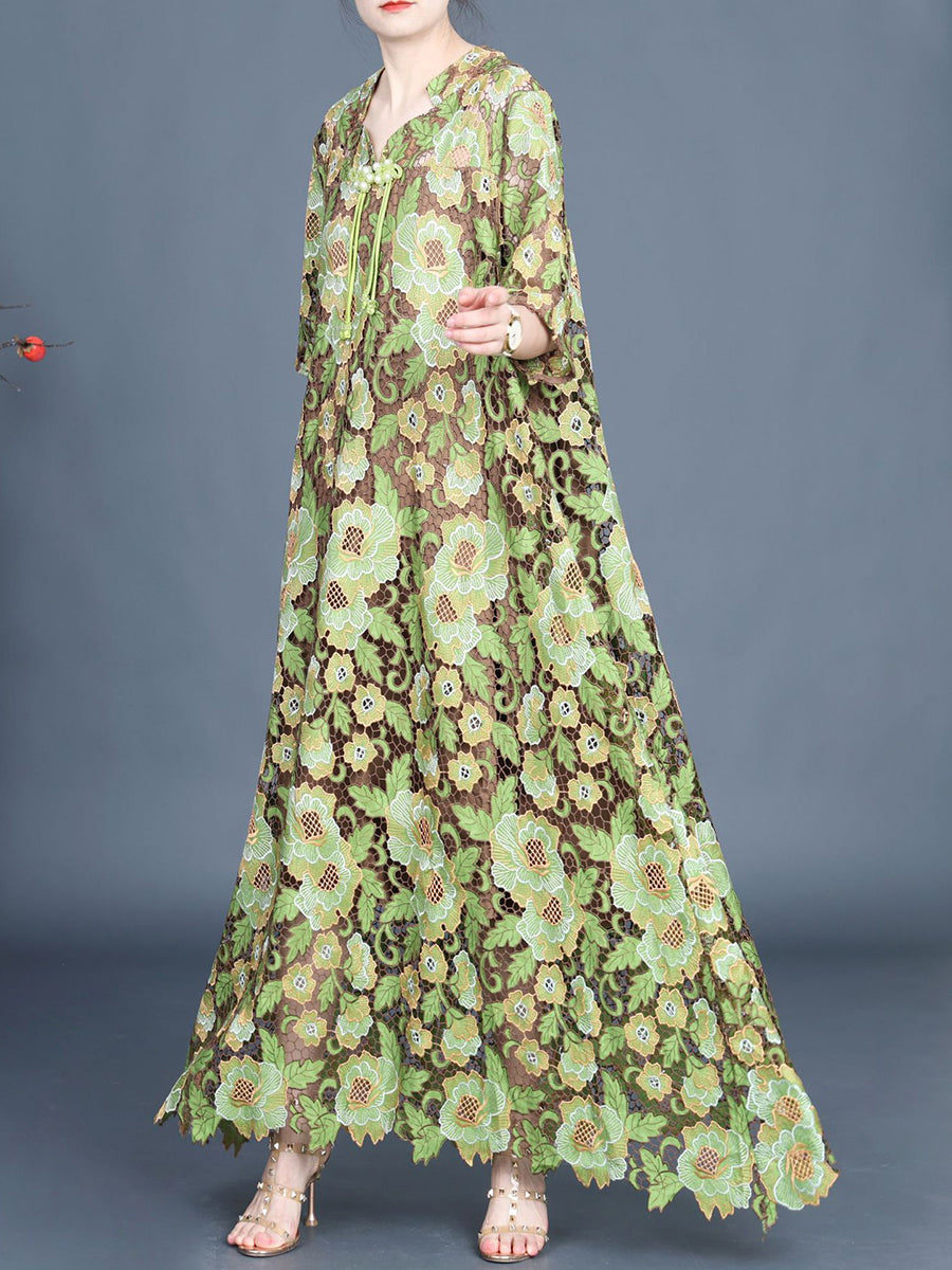 Artsy Summer Flower Lace Dual-layer Maxi Dress Kl1051