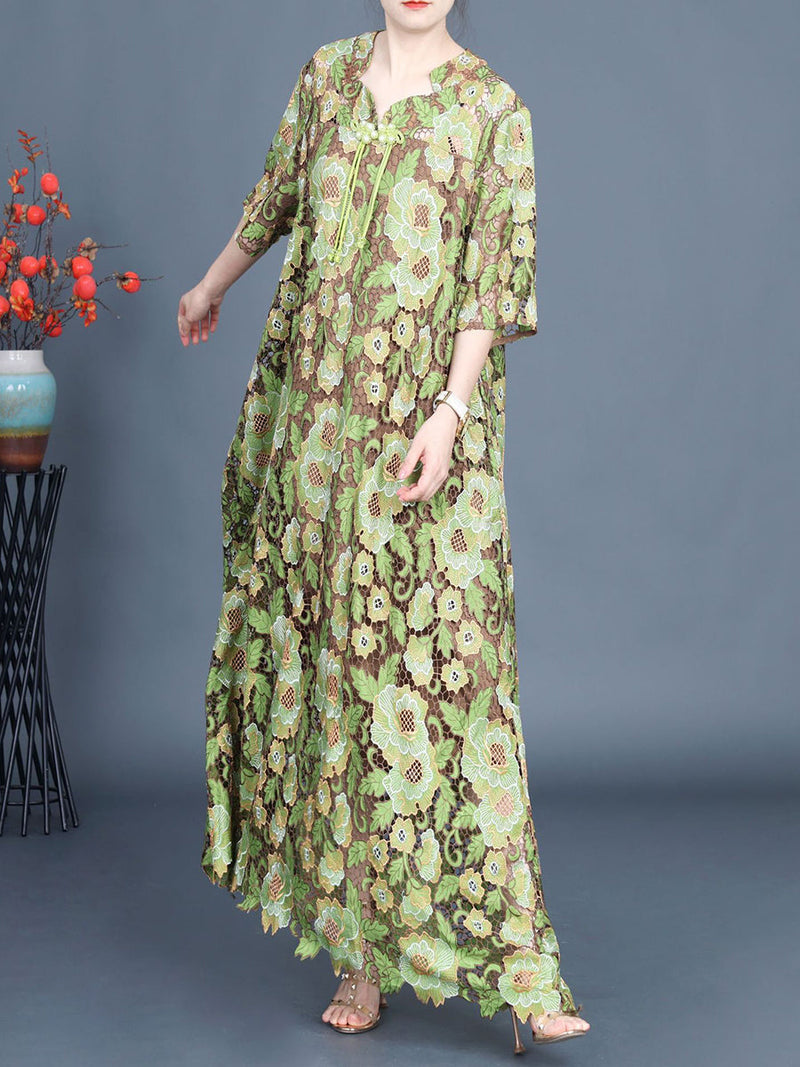 Artsy Summer Flower Lace Dual-layer Maxi Dress Kl1051
