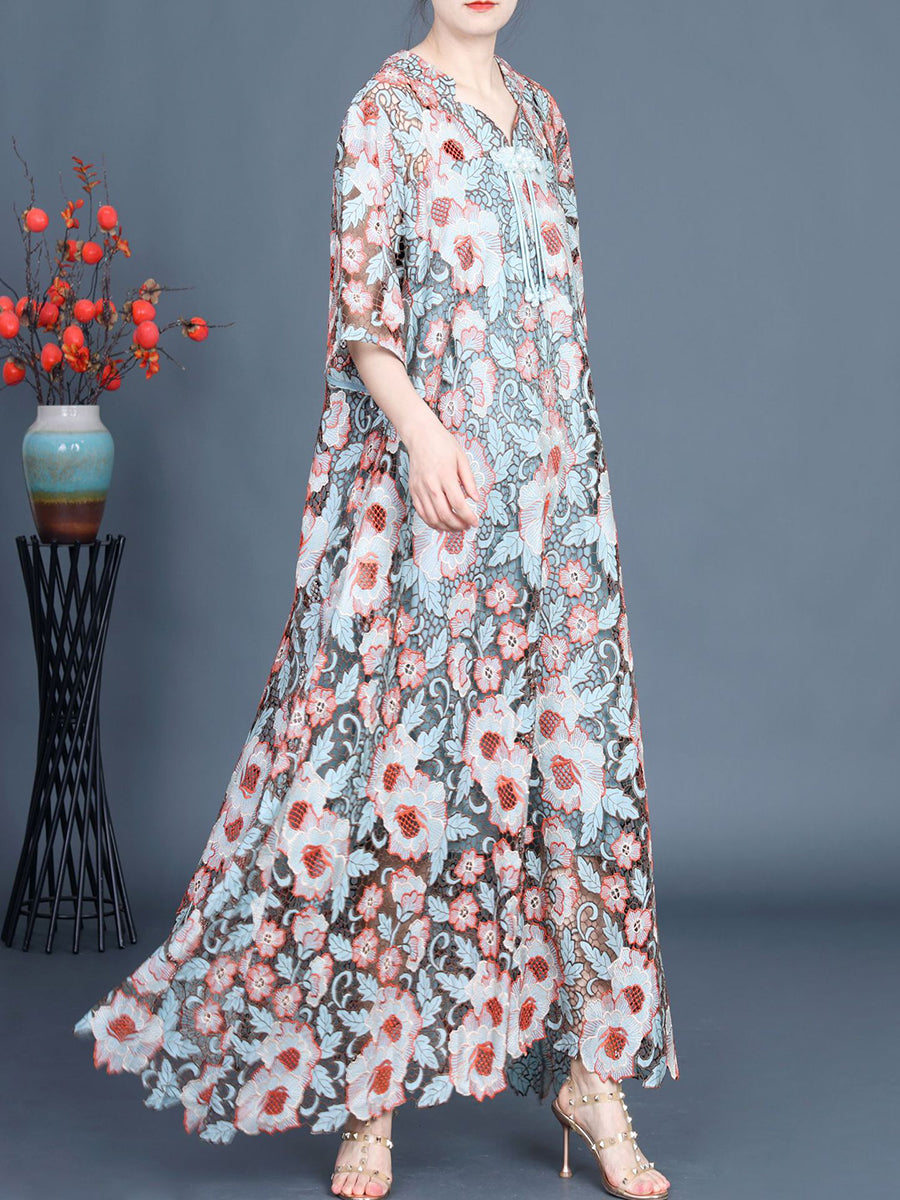Artsy Summer Flower Lace Dual-layer Maxi Dress Kl1051