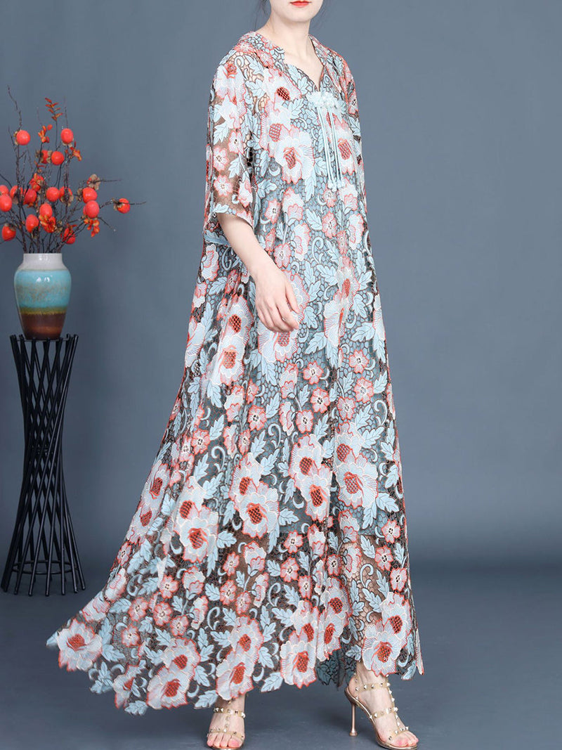 Artsy Summer Flower Lace Dual-layer Maxi Dress Kl1051