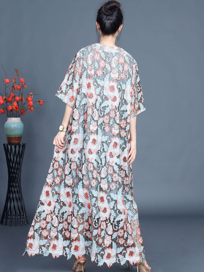Artsy Summer Flower Lace Dual-layer Maxi Dress Kl1051