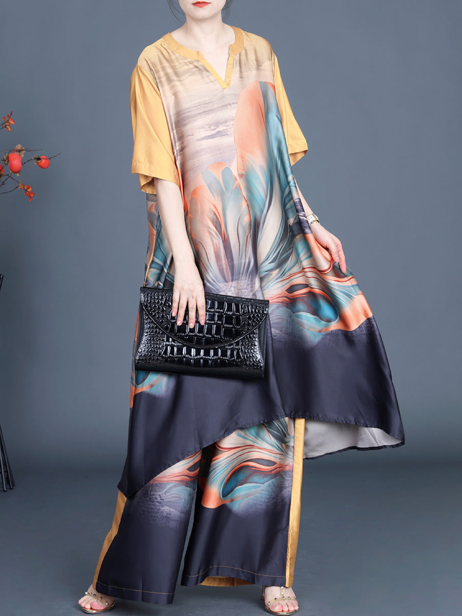 Irregular Flower Long Shirt+pants Kl1043