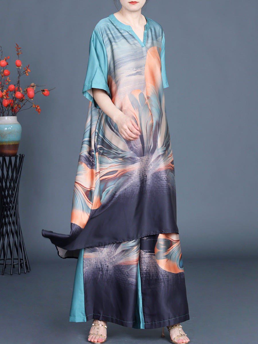 Irregular Flower Long Shirt+pants Kl1043