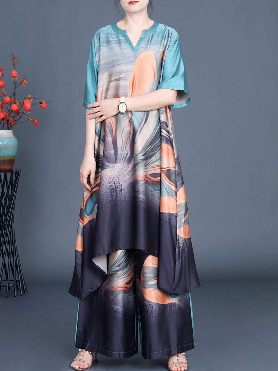 Irregular Flower Long Shirt+pants Pa1036