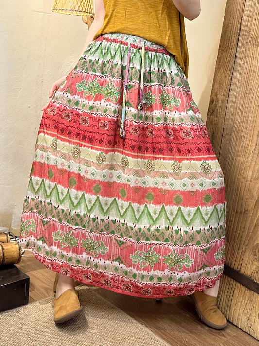 Summer Artsy Leaf Linen A-shape Skirt Kl1005