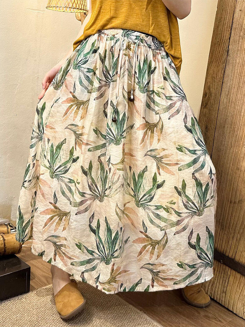 Summer Artsy Leaf Linen A-shape Skirt Kl1005