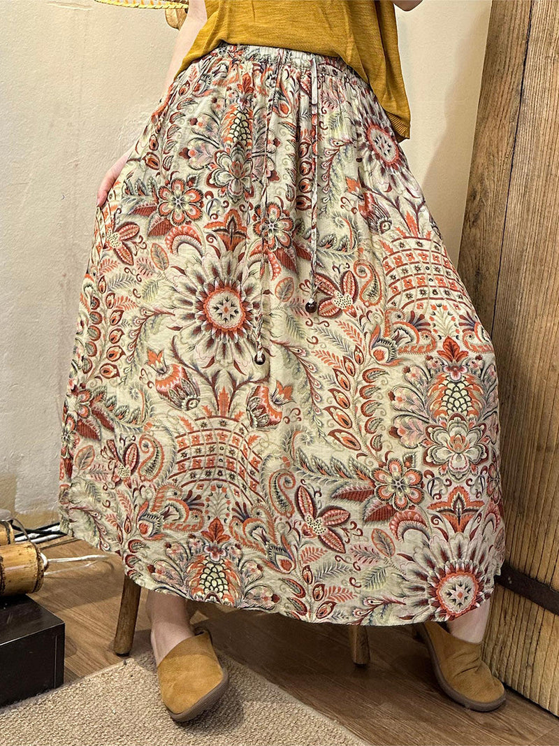 Summer Artsy Leaf Linen A-shape Skirt Kl1005