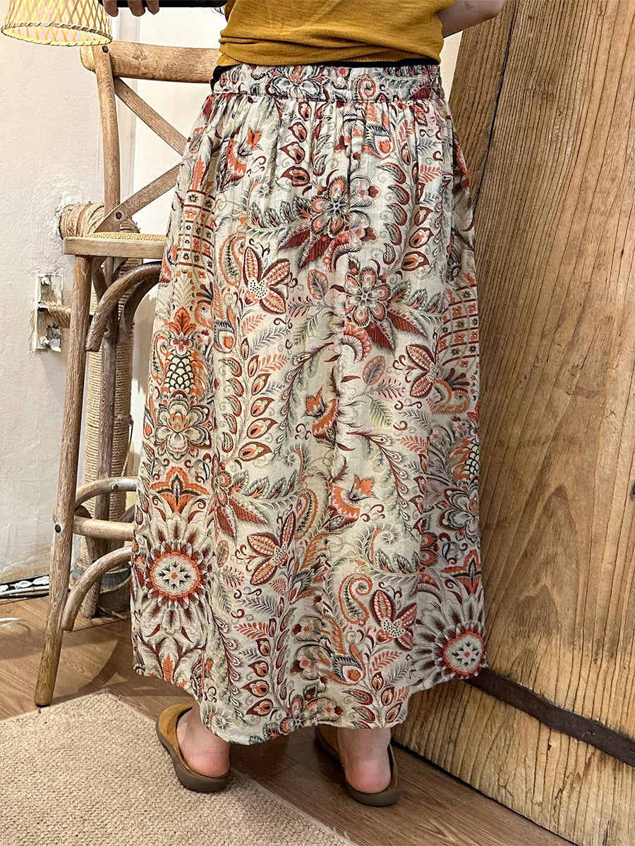 Summer Artsy Leaf Linen A-shape Skirt Kl1005