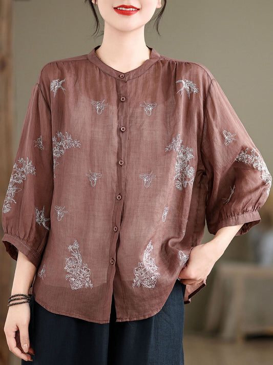 Artsy Flower Summer Ramie Blouse Kl1018