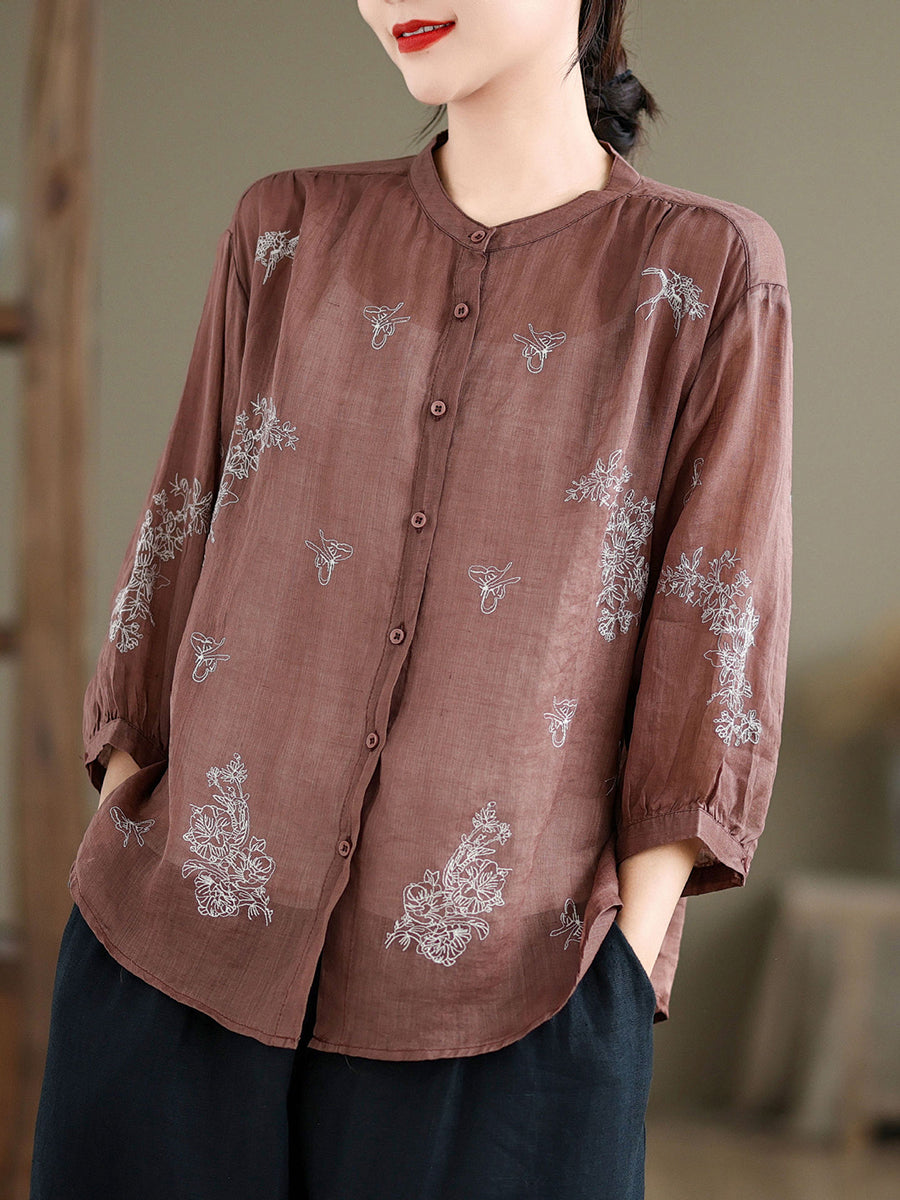Artsy Flower Summer Ramie Blouse Kl1018