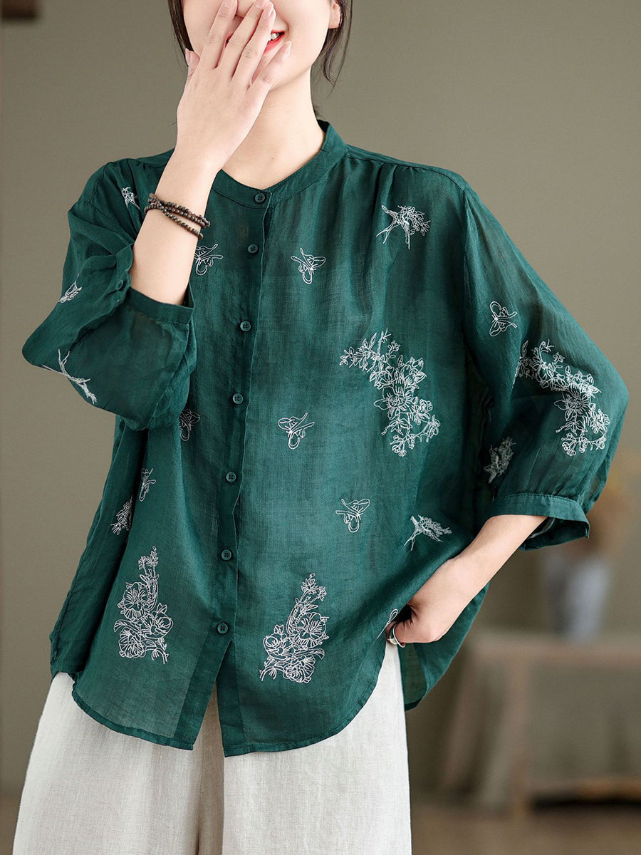 Artsy Flower Summer Ramie Blouse Kl1018