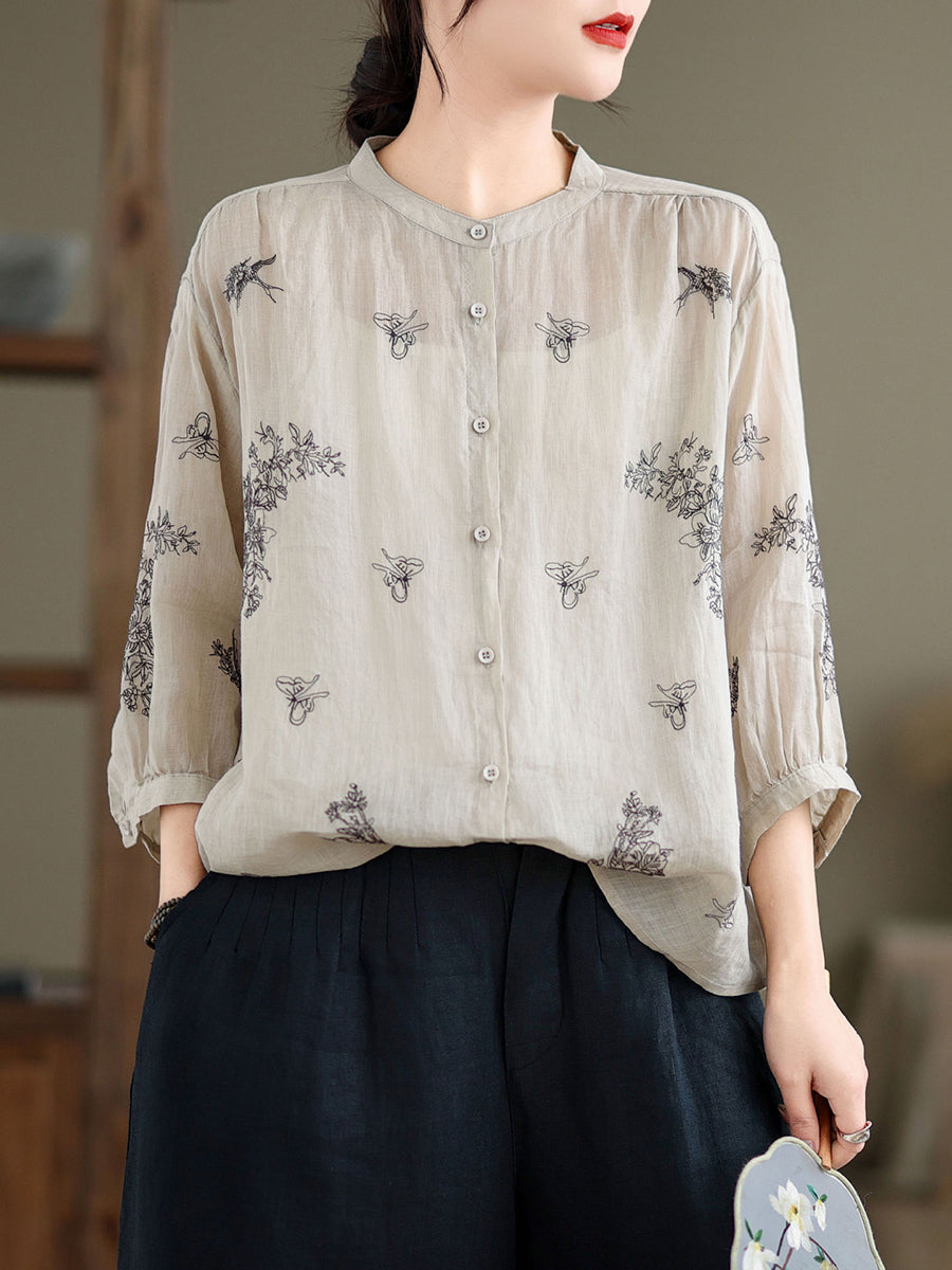 Artsy Flower Summer Ramie Blouse Kl1018