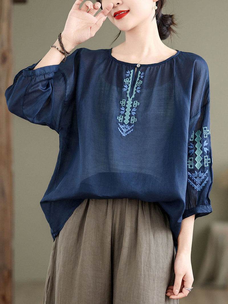 Artsy Summer Embroidery O-neck Ramie Blouse Kl1019