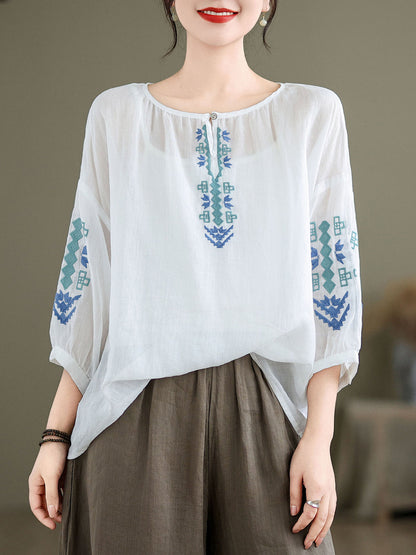 Artsy Summer Embroidery O-neck Ramie Blouse Kl1019
