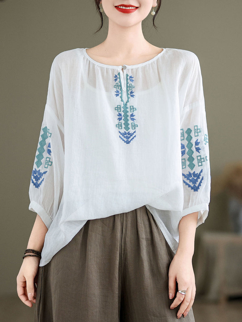 Artsy Summer Embroidery O-neck Ramie Blouse Kl1019