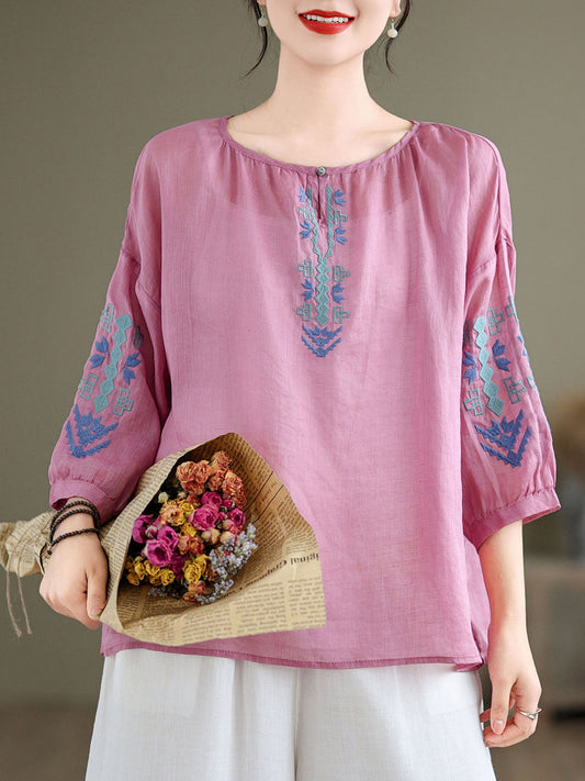 Artsy Summer Embroidery O-neck Ramie Blouse Kl1019