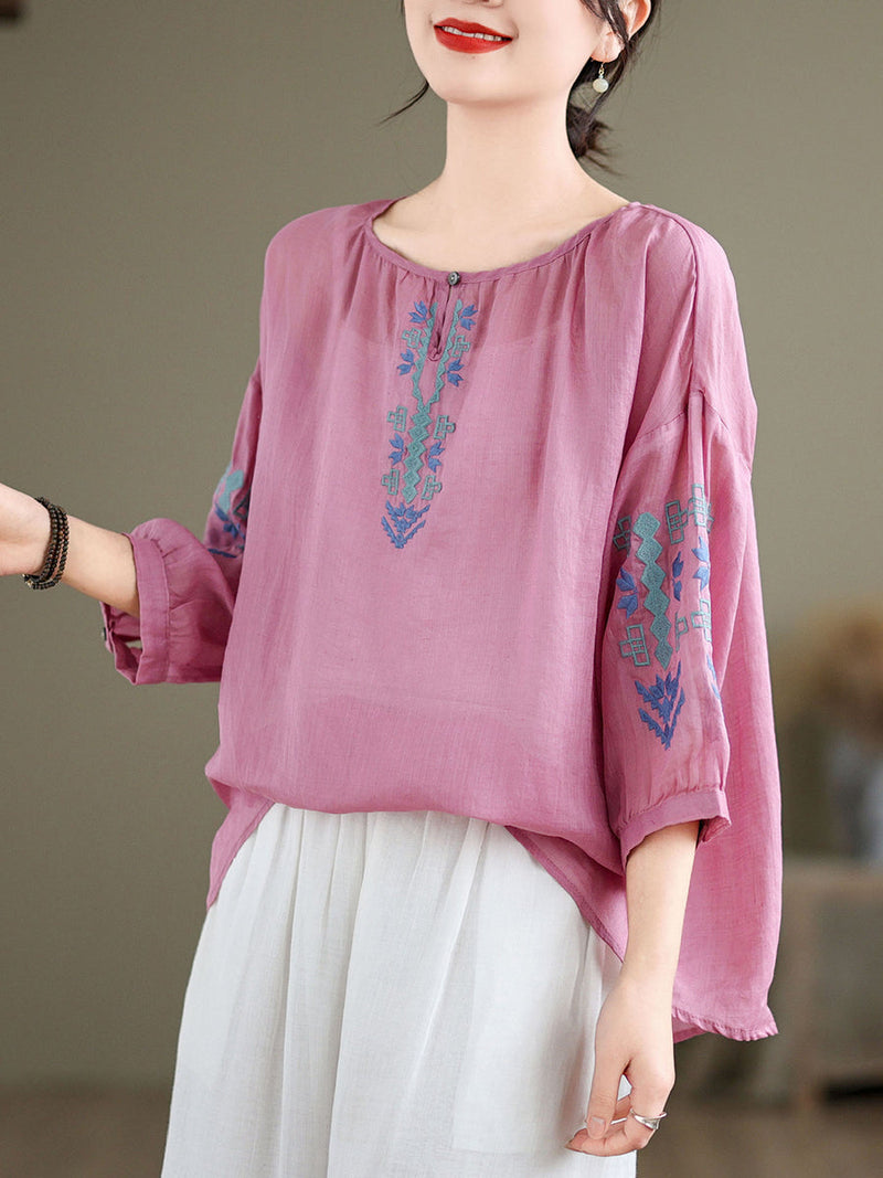 Artsy Summer Embroidery O-neck Ramie Blouse Kl1019