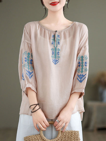 Artsy Summer Embroidery O-neck Ramie Blouse Kl1019