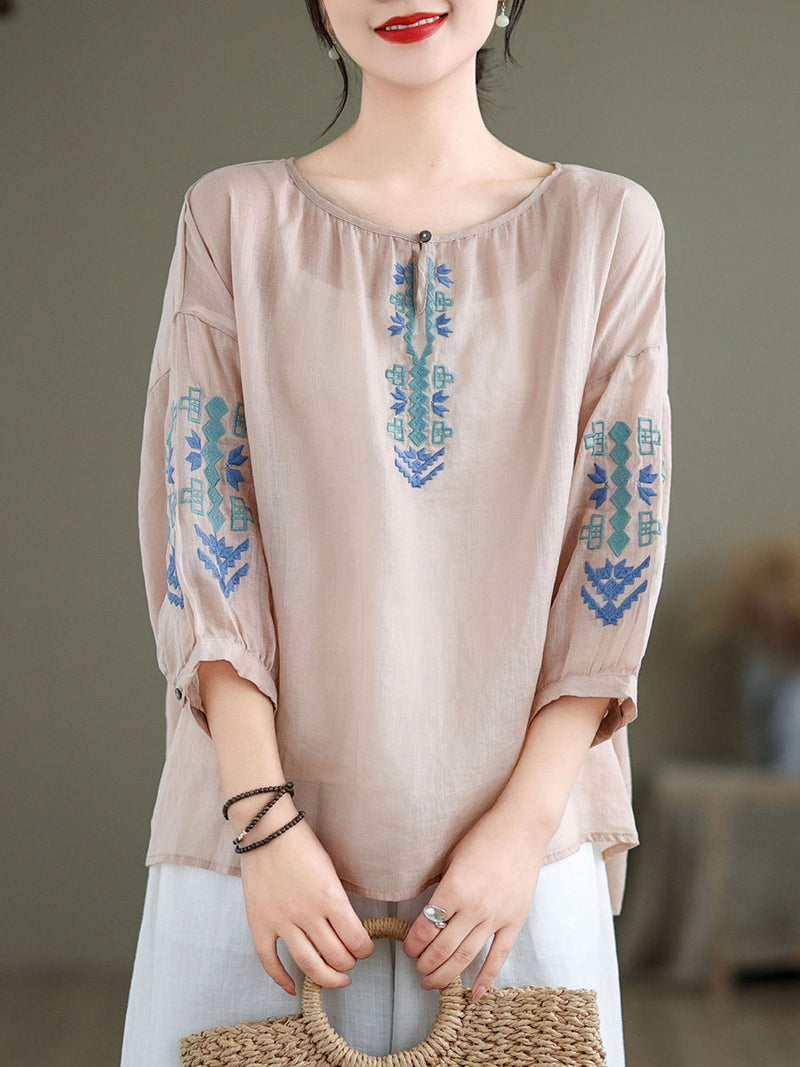 Artsy Summer Embroidery O-neck Ramie Blouse Kl1019