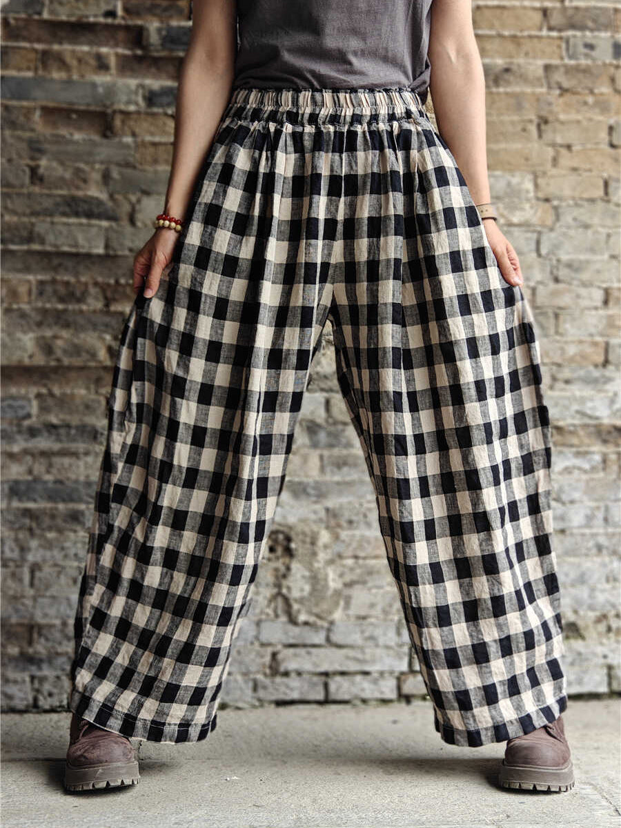 Plaid Cotton Linen Wide-leg Pants Kl1031