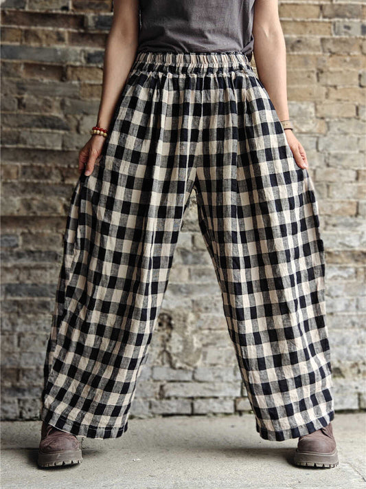 Plaid Cotton Linen Wide-leg Pants Kl1031