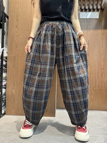 Summer Plaid Cotton Linen Harem Pants Sc1030