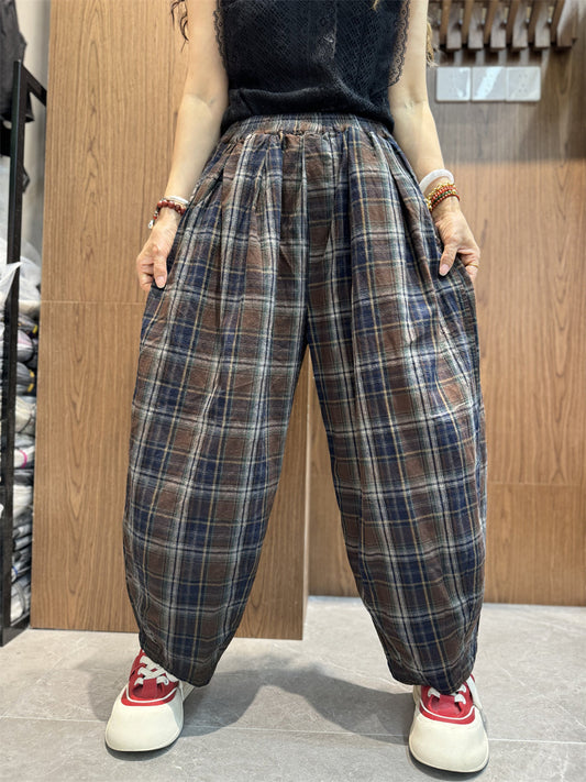 Summer Plaid Cotton Linen Harem Pants Sc1030