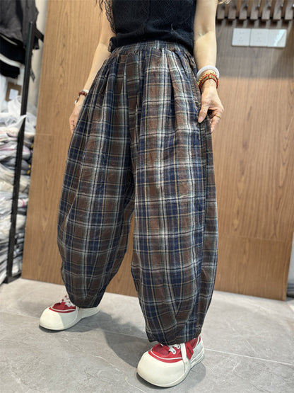 Summer Plaid Cotton Linen Harem Pants Sc1030