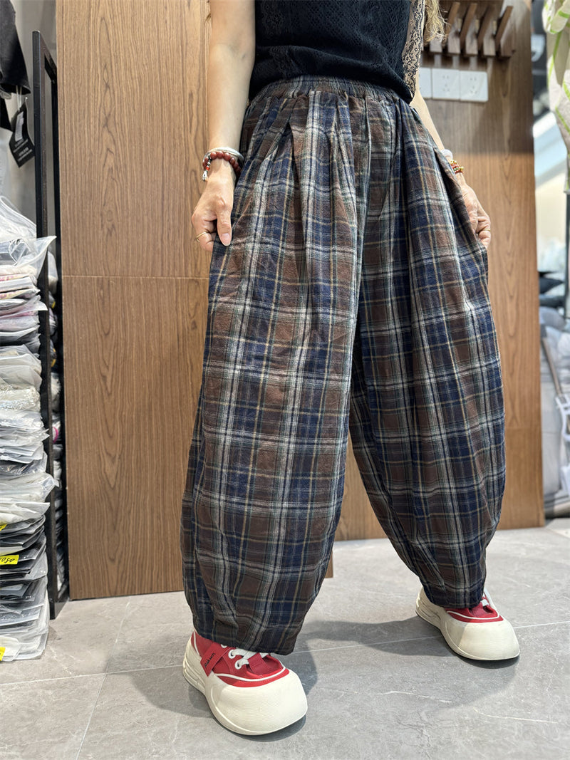 Summer Plaid Cotton Linen Harem Pants Sc1030