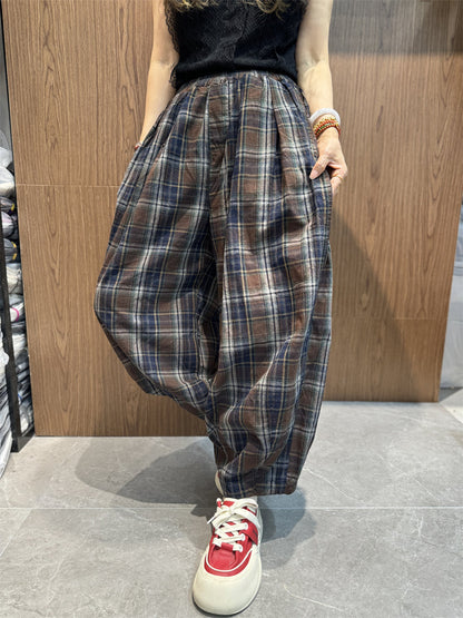 Summer Plaid Cotton Linen Harem Pants Sc1030