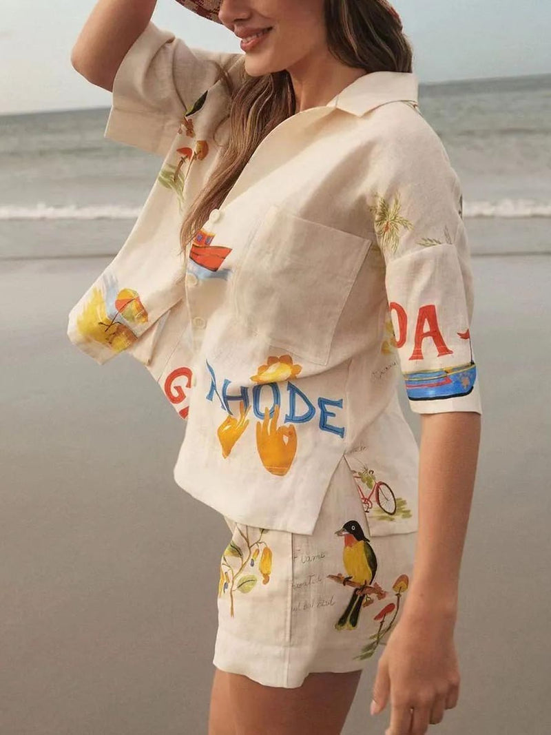 Unique Holiday Folk Print Loose Shorts Two-piece Set