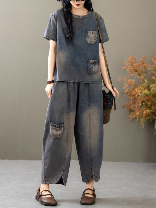 Summer Spliced Denim Shirt+pants Xx1035