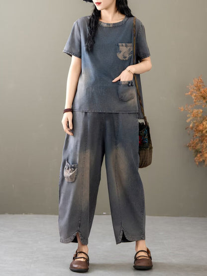 Summer Spliced Denim Shirt+pants Xx1035