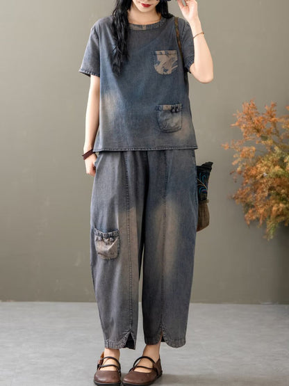Summer Spliced Denim Shirt+pants Xx1035