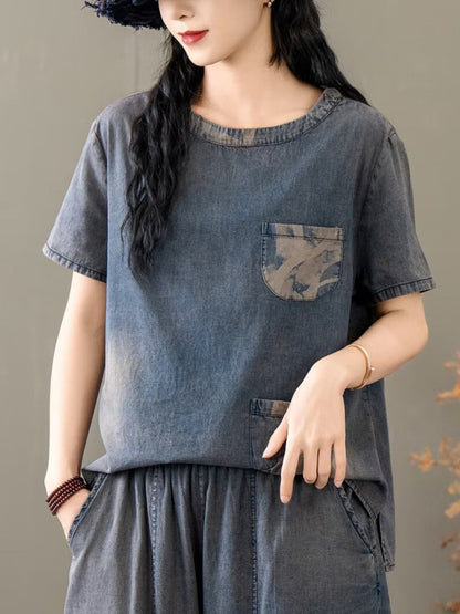 Summer Spliced Denim Shirt+pants Xx1035