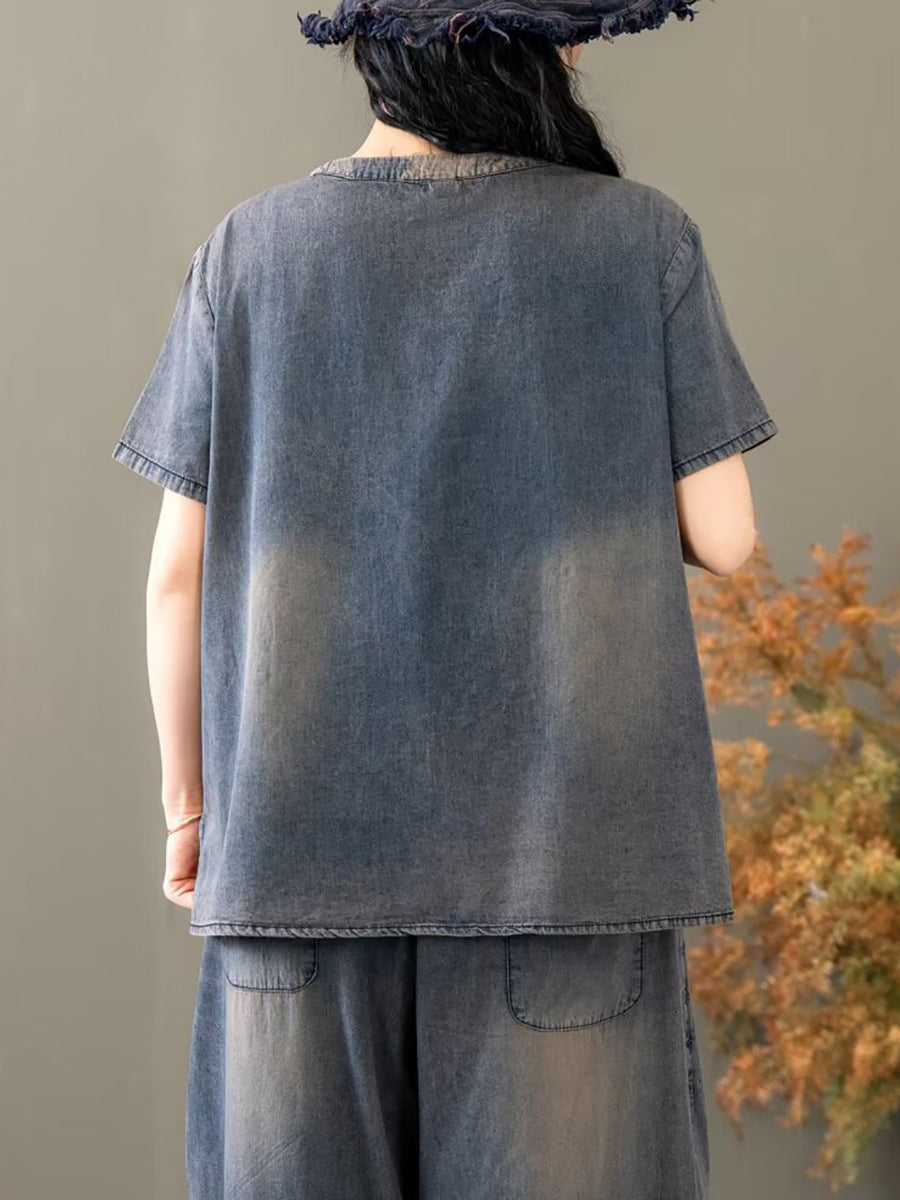 Summer Spliced Denim Shirt+pants Xx1035