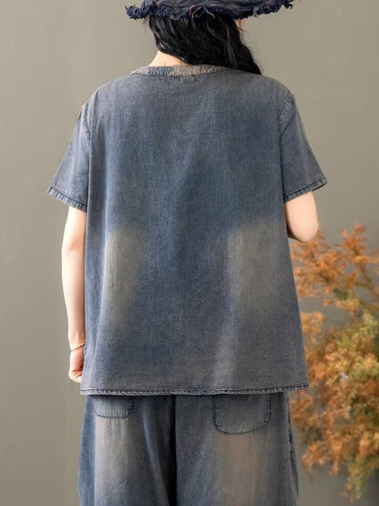 Summer Spliced Denim Shirt+pants Xx1035