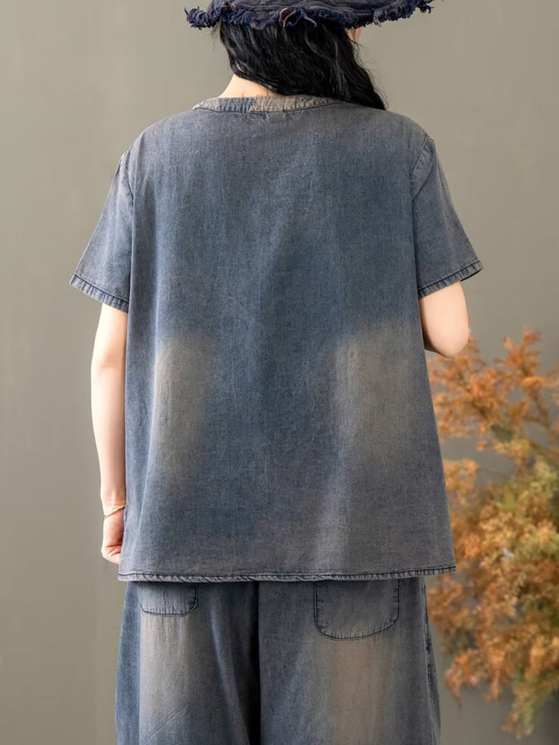 Summer Spliced Denim Shirt+pants Xx1035