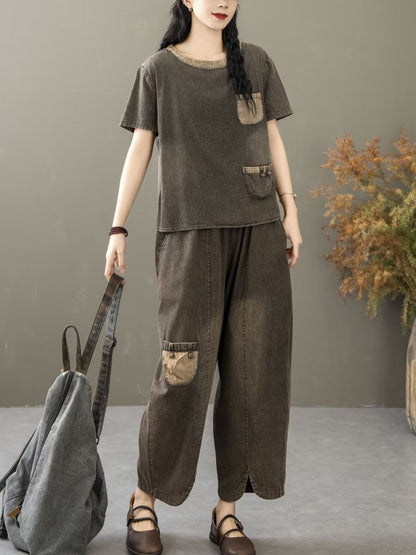Summer Spliced Denim Shirt+pants Xx1035