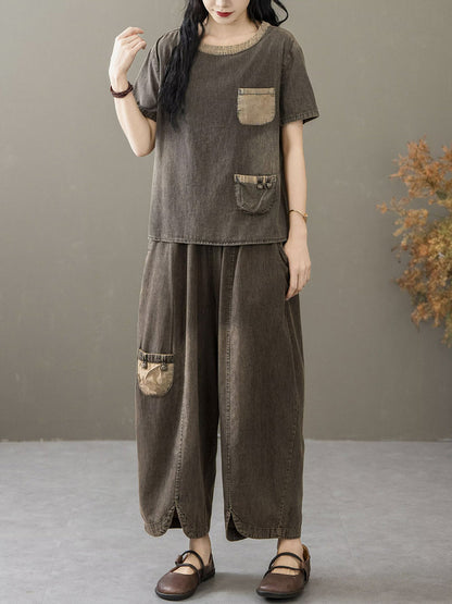 Summer Spliced Denim Shirt+pants Xx1035