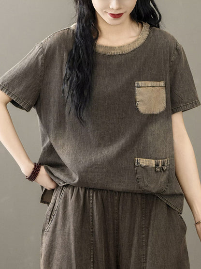 Summer Spliced Denim Shirt+pants Xx1035