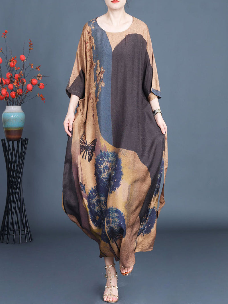 Artsy Flower Spliced Loose Maxi Dress Aa1003