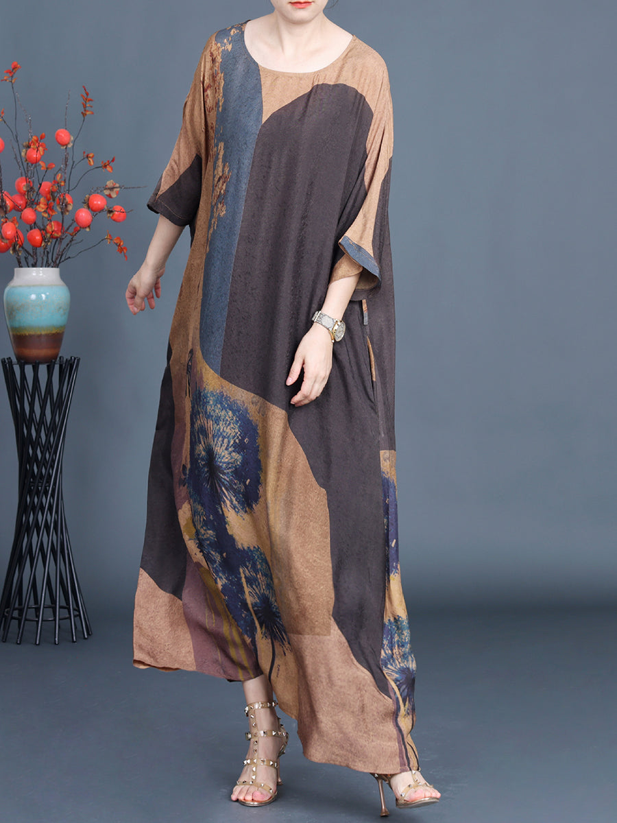 Artsy Flower Spliced Loose Maxi Dress Aa1003