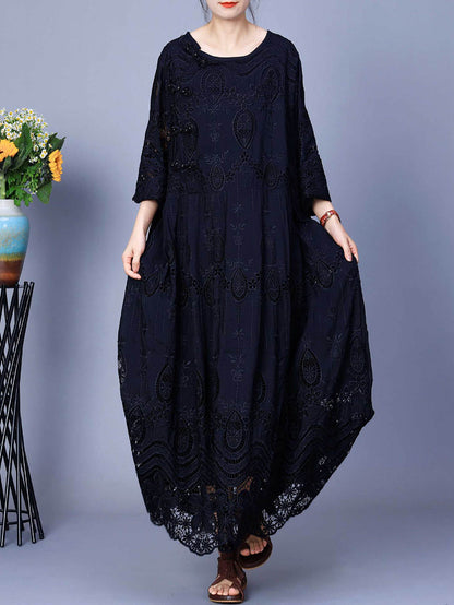 Summer Artsy Embroidery Loose Maxi Dress Aa1031