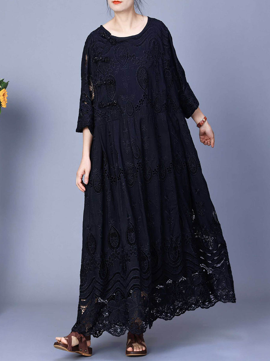 Summer Artsy Embroidery Loose Maxi Dress Aa1031