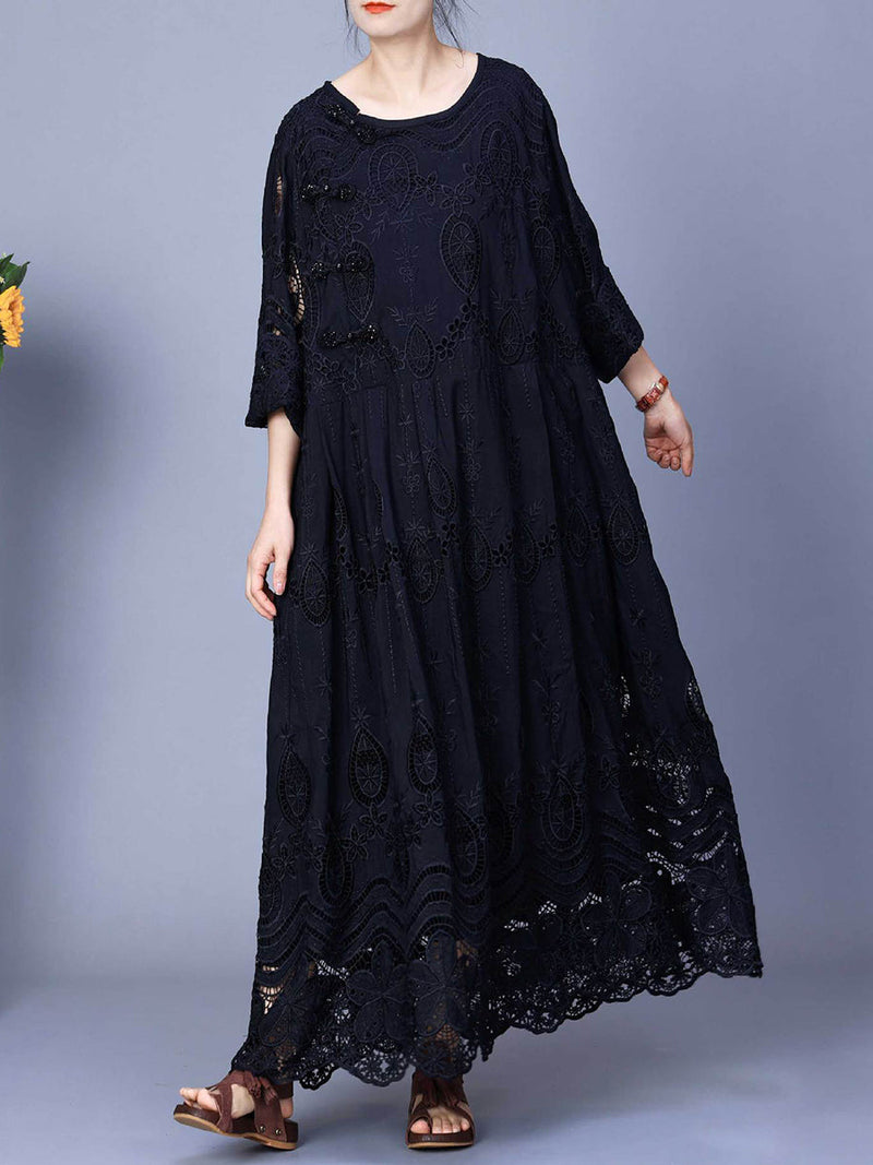 Summer Artsy Embroidery Loose Maxi Dress Aa1031