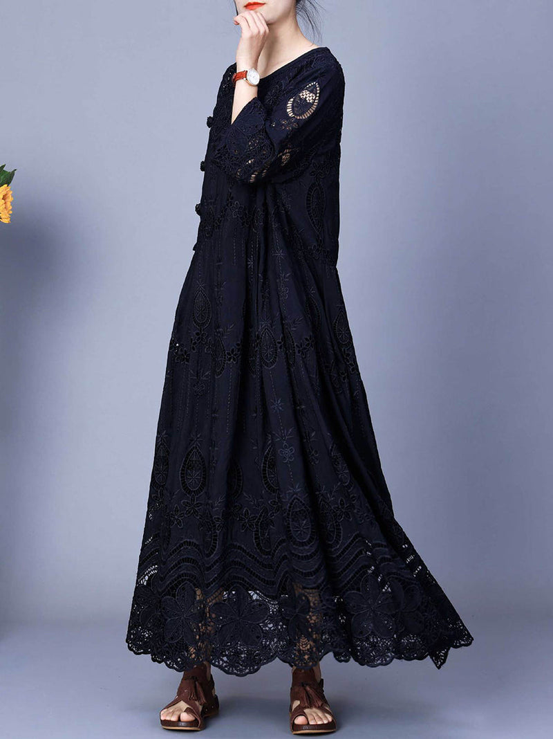 Summer Artsy Embroidery Loose Maxi Dress Aa1031