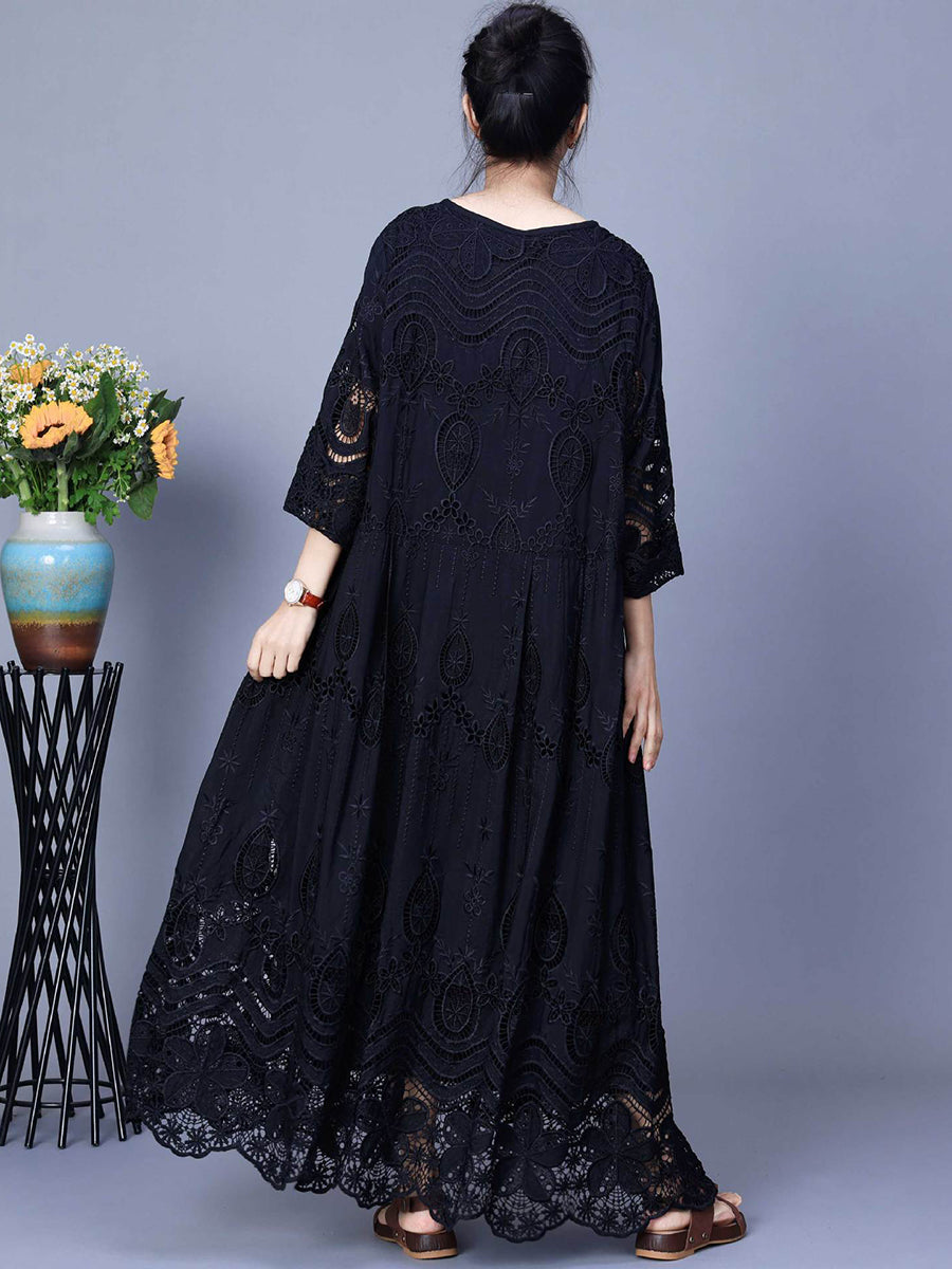 Summer Artsy Embroidery Loose Maxi Dress Aa1031
