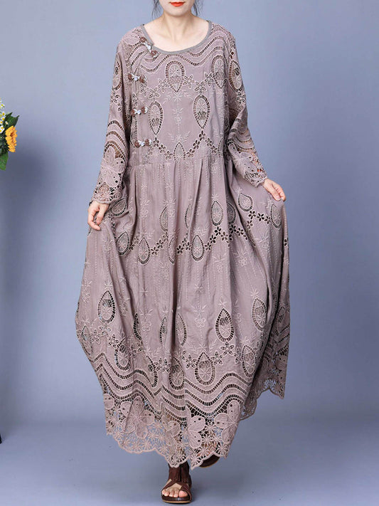 Summer Artsy Embroidery Loose Maxi Dress Aa1031
