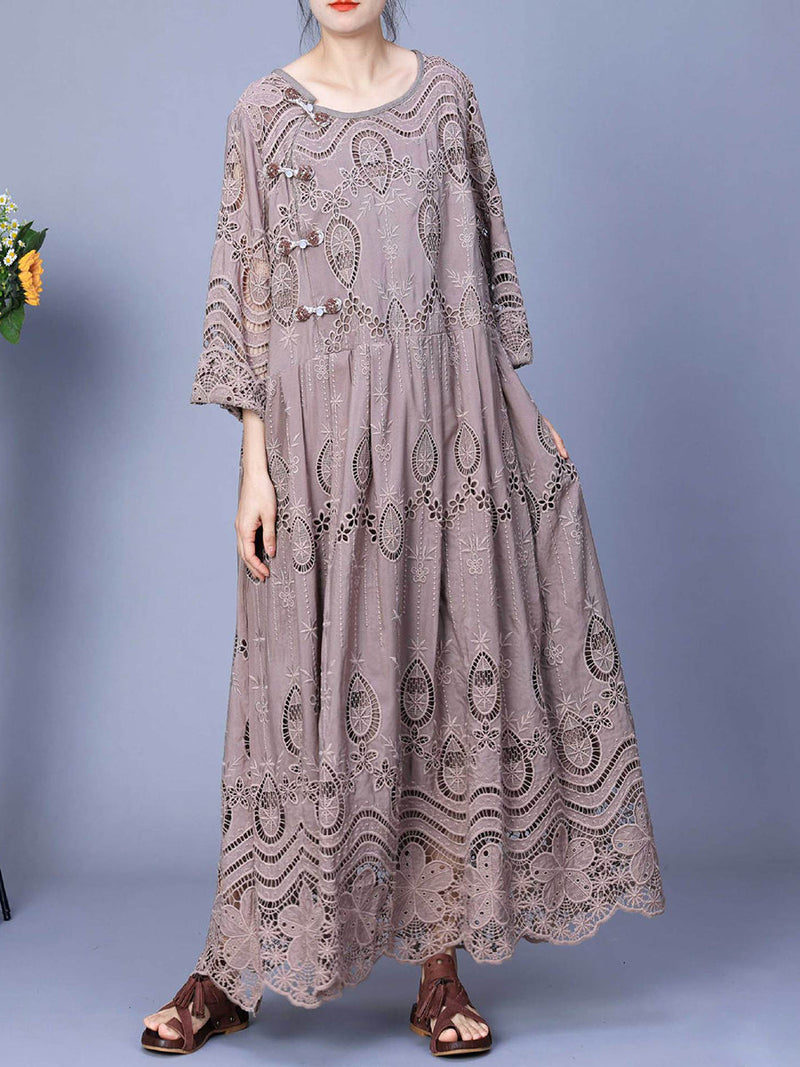 Summer Artsy Embroidery Loose Maxi Dress Aa1031